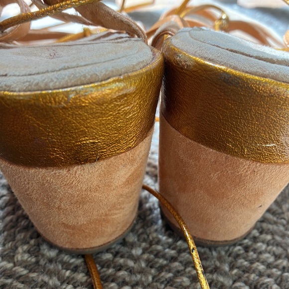 Dries Van Noten wedge Heel Gold and Peach suede Sandals, size 38.5 NEW - Picture 6 of 11
